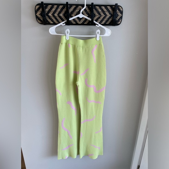 White Fox Knitted Flare Pants - Lime Green + Pink Retro Squiggle Pattern - Small - Picture 1 of 14
